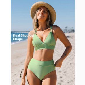 Cupshe Lace-Up Longline Bralette & High-Waist Bikini Set, Size L, Light Green